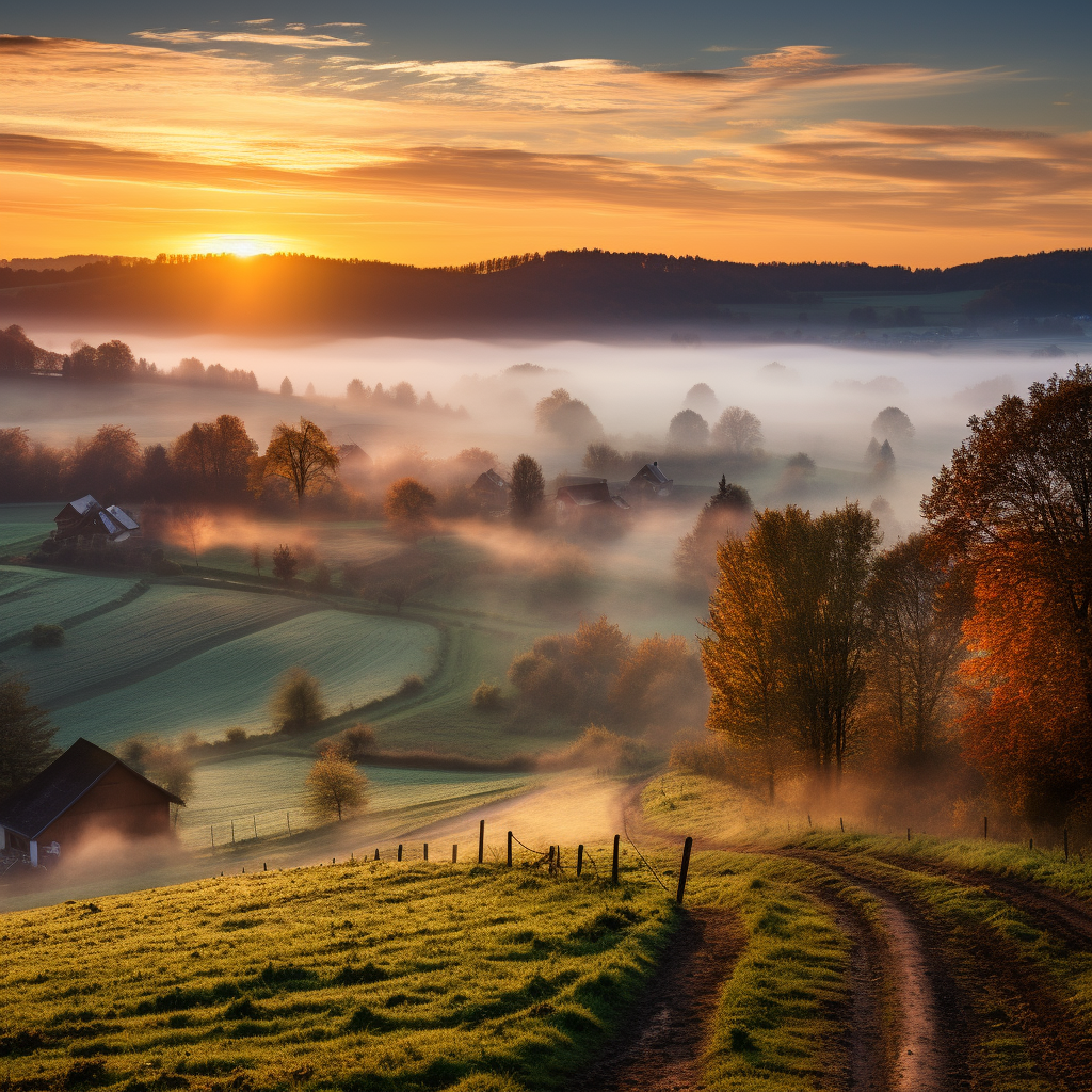 midjourney: a chilly Autumn morning in the central europe countryside with aview ofsunrise