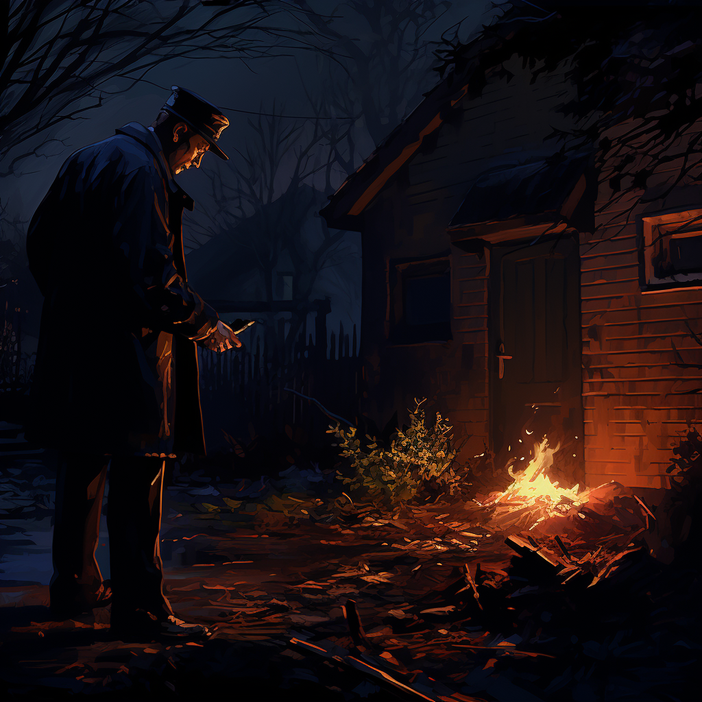 midjourney: a detective inspecting a burning log in a shady neighbourhood at night
