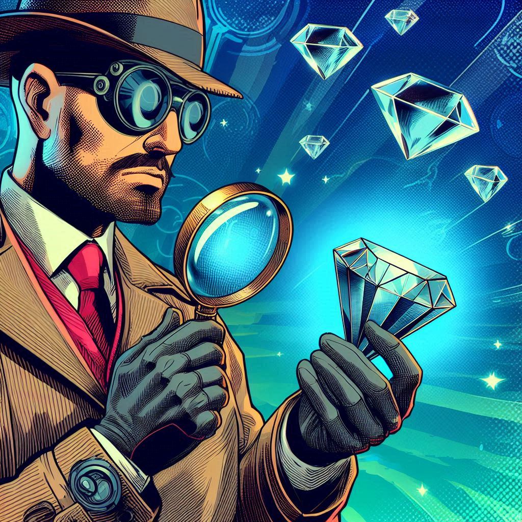 Microsoft Designer: Futuristic detective who inspects shiny crystals, comics style.
